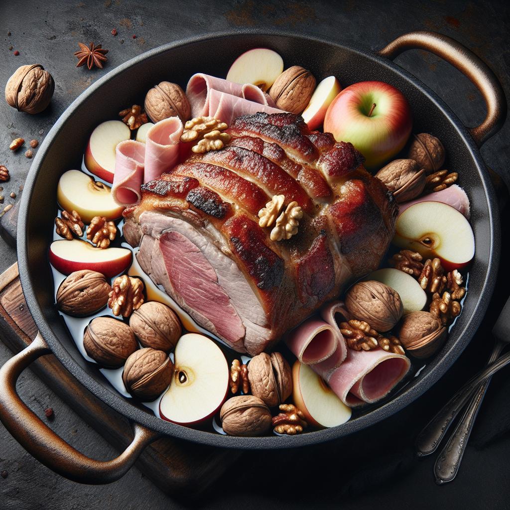 Veal roast with walnuts, apples, and ham