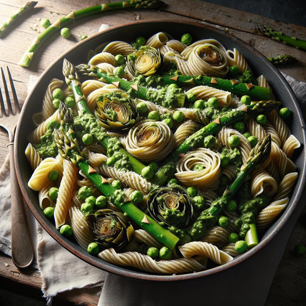 Bigoli with Asparagus, Artichokes and Pea Pesto