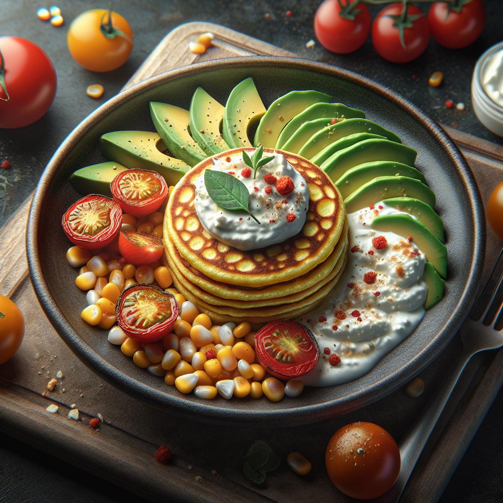 Corn Blinis with Skyr, Avocado, and Roasted Cherry Tomatoes