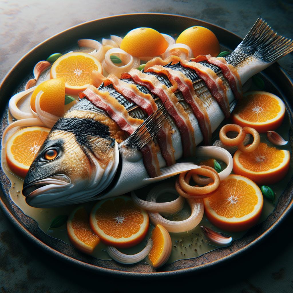 Sea Bass (Branzino) with Bacon, Caramelized Onions, and Sweet and Sour Oranges