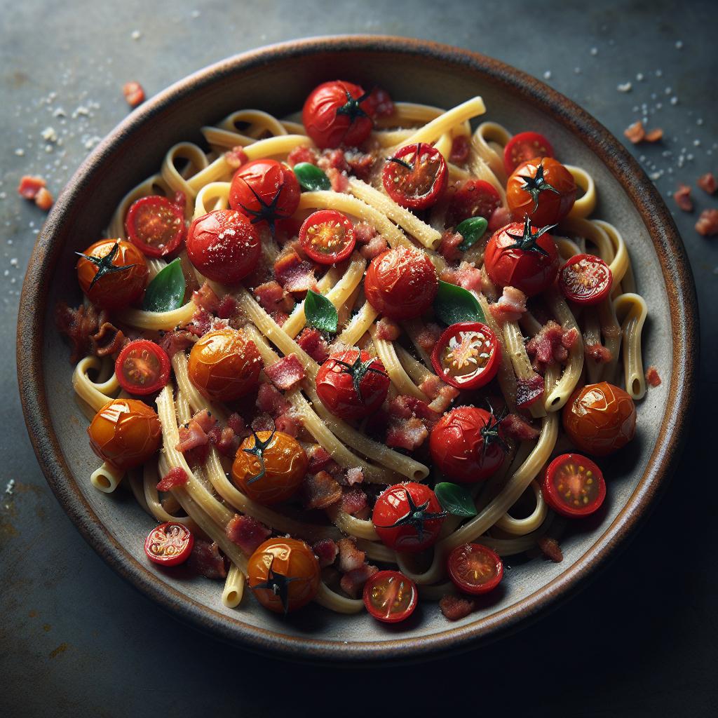 Bucatini with Cherry Tomato Confit and Pancetta Cubes