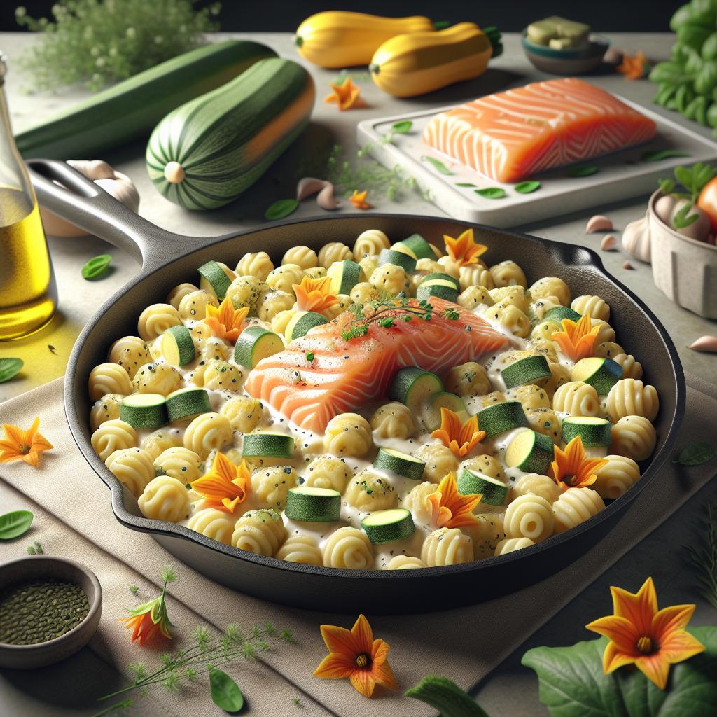 Potato Dumplings with Smoked Salmon and Zucchini Blossoms