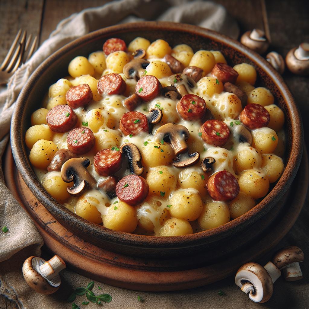 Potato morsels with taleggio, mushrooms, and sausage