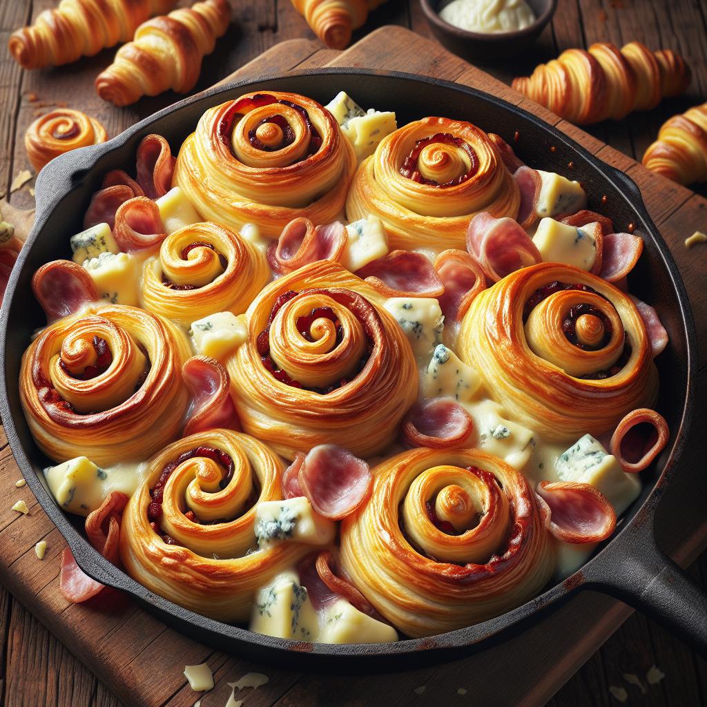 Puff pastry snail with gorgonzola and mortadella