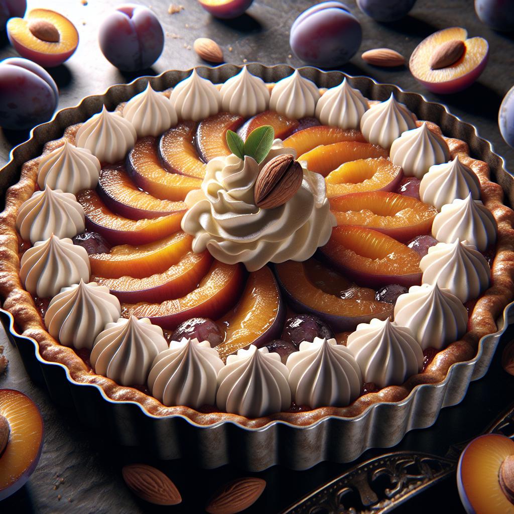 Tart with almond custard, chantilly cream, and plums
