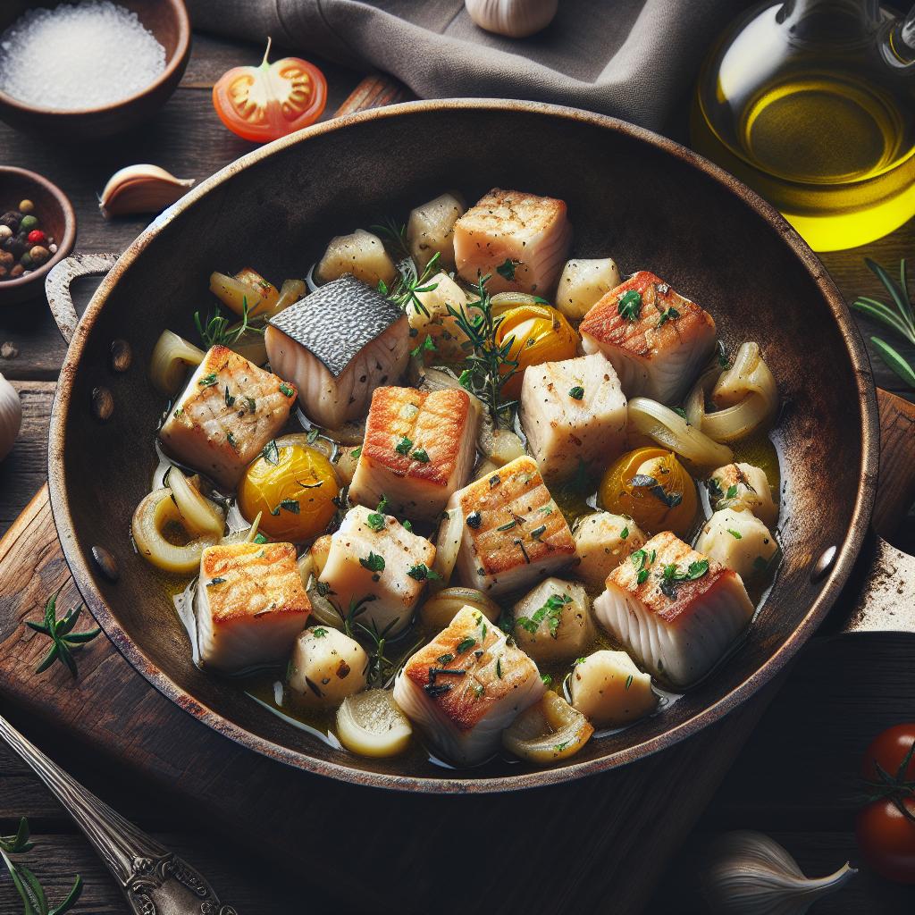 Diced perch fillet in a pan