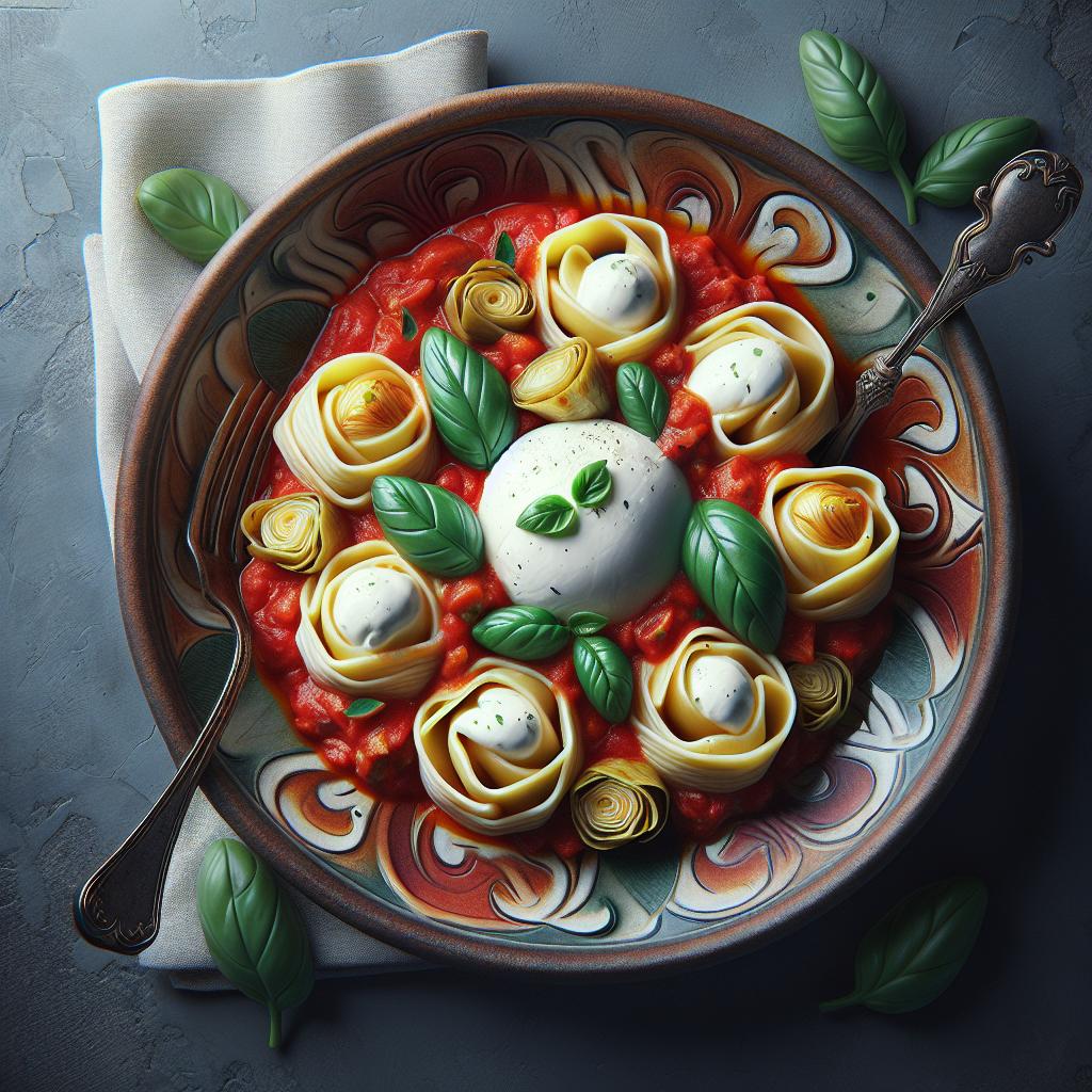 Fagottini with burrata, artichokes, and tomato sauce