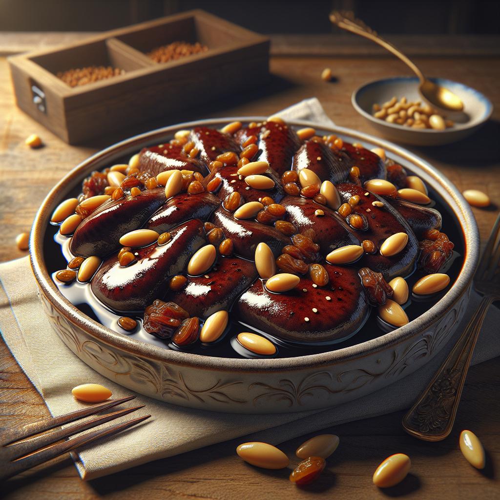 Balsamic liver with pine nuts and raisins