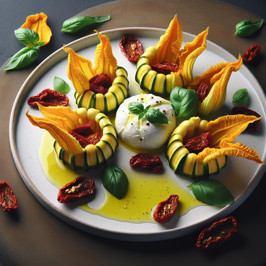 Zucchini Flowers Stuffed with Burrata and Sun-Dried Tomatoes