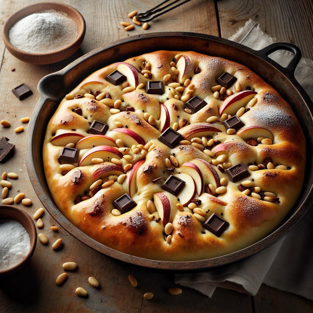 Sweet Focaccia with Apples, Pine Nuts, and Chocolate