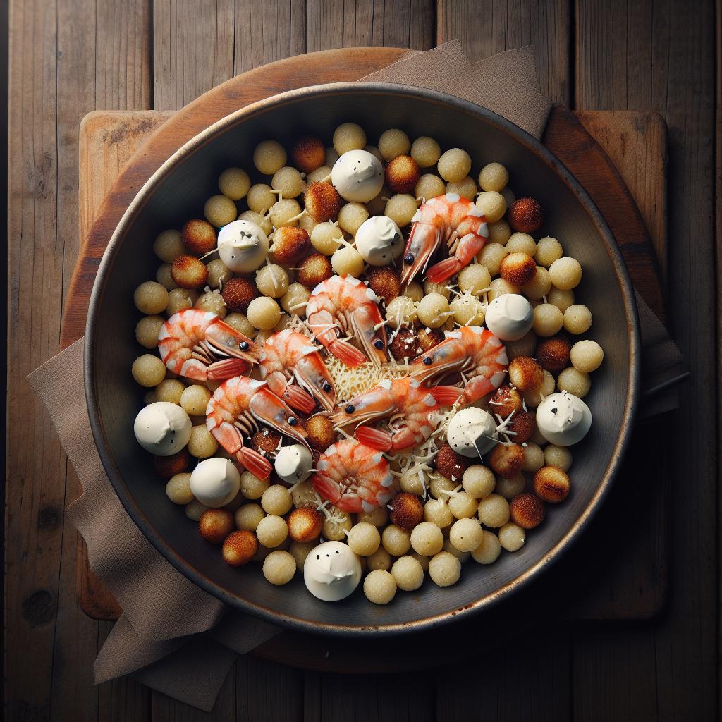 Fregola with Shrimp, Stracciatella, and Licorice