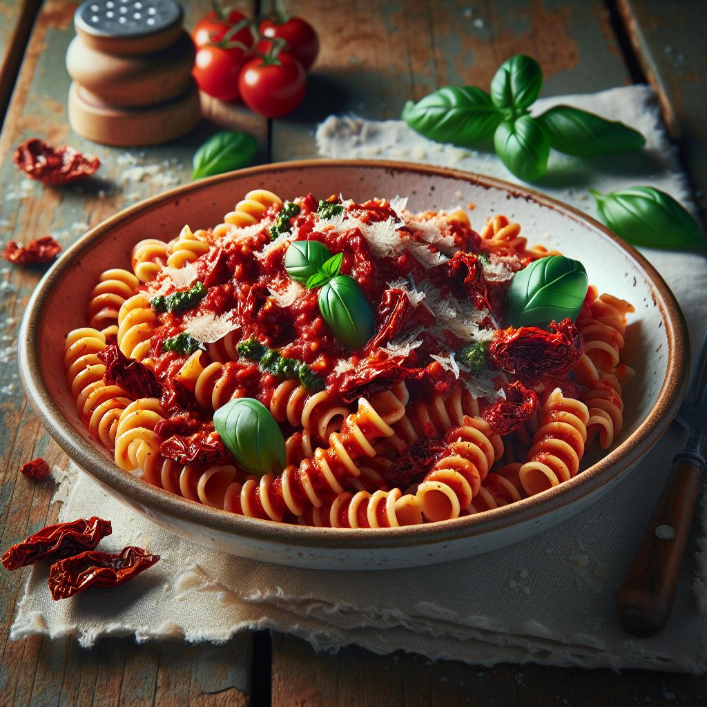 Short Stripped Fusilli with Sun-Dried Tomato Pesto