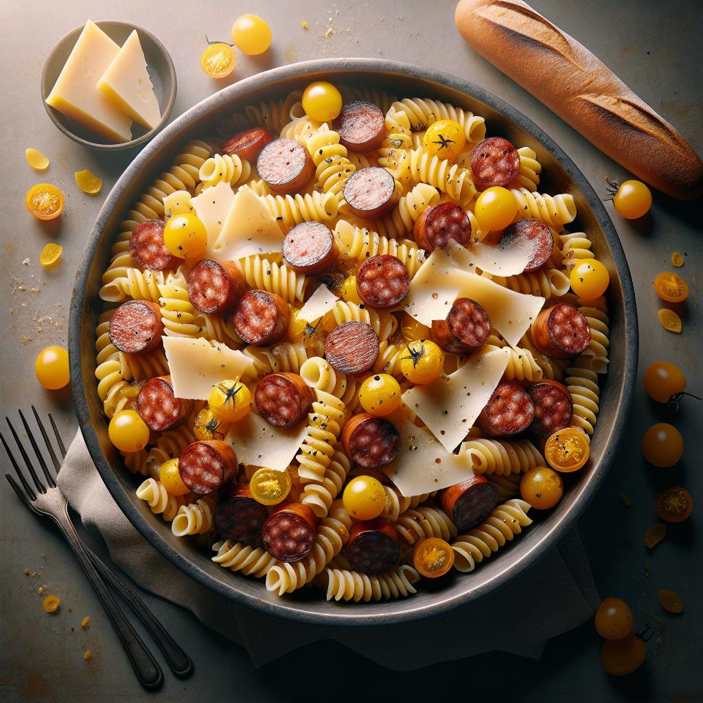 Fusilloni with Sausage, Yellow Datterini Tomatoes and Provolone