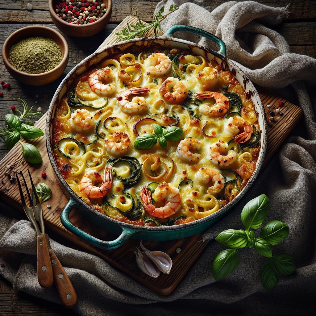 Gratin of vegetables, squid, and shrimp