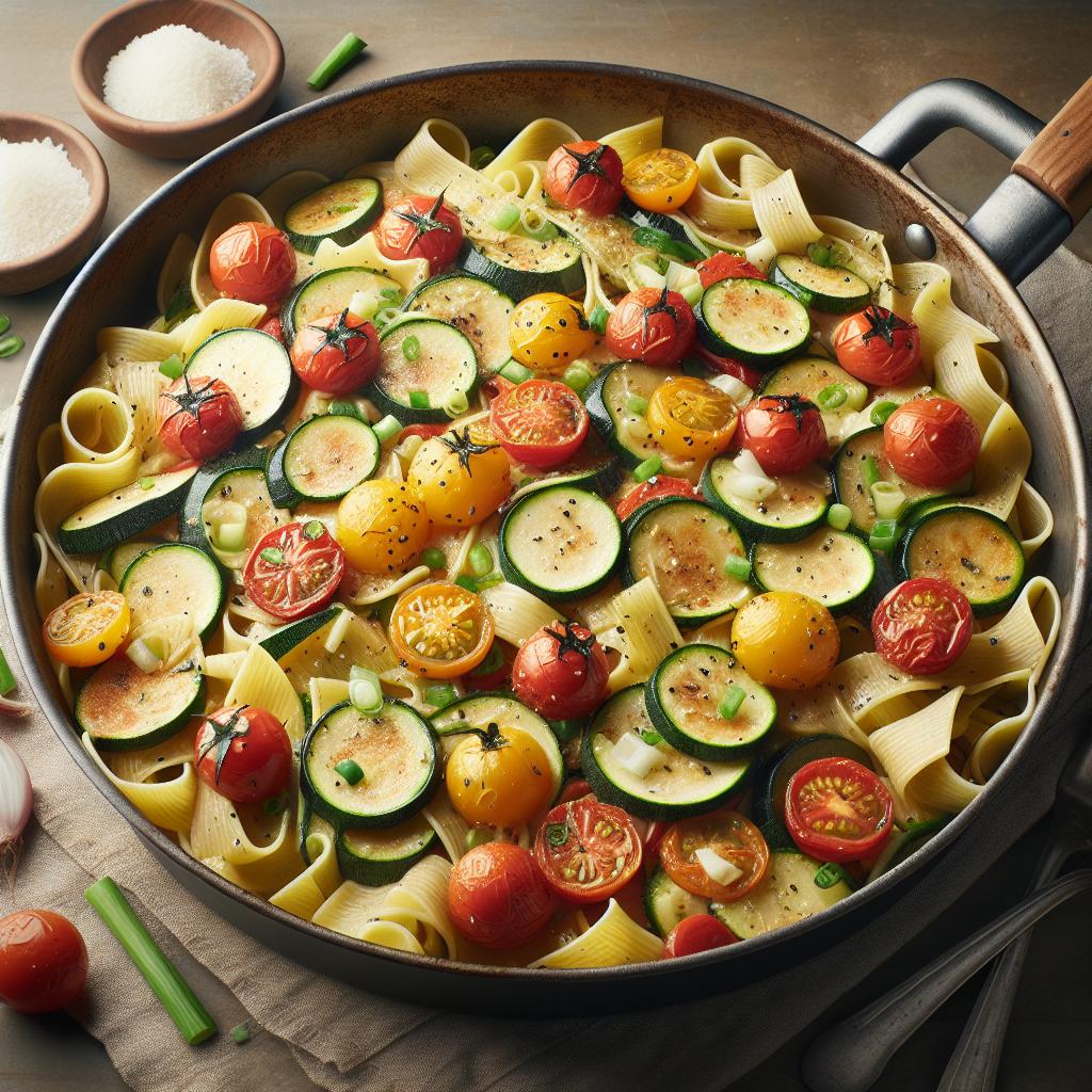 Lasagnette zucchini, cherry tomatoes, and fresh spring onion
