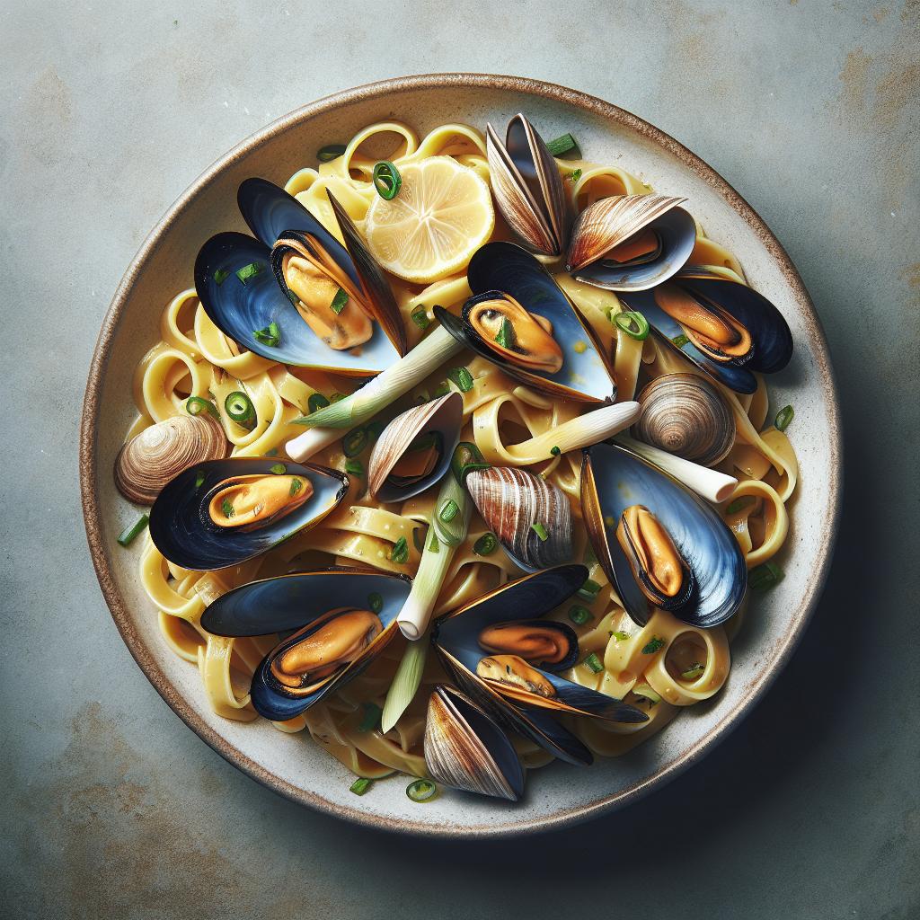 Mezze maniche with mussels and clams in lemongrass