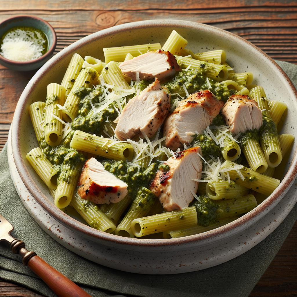 Half Rigatoni with Pesto, Chicken Breast, and Pecorino