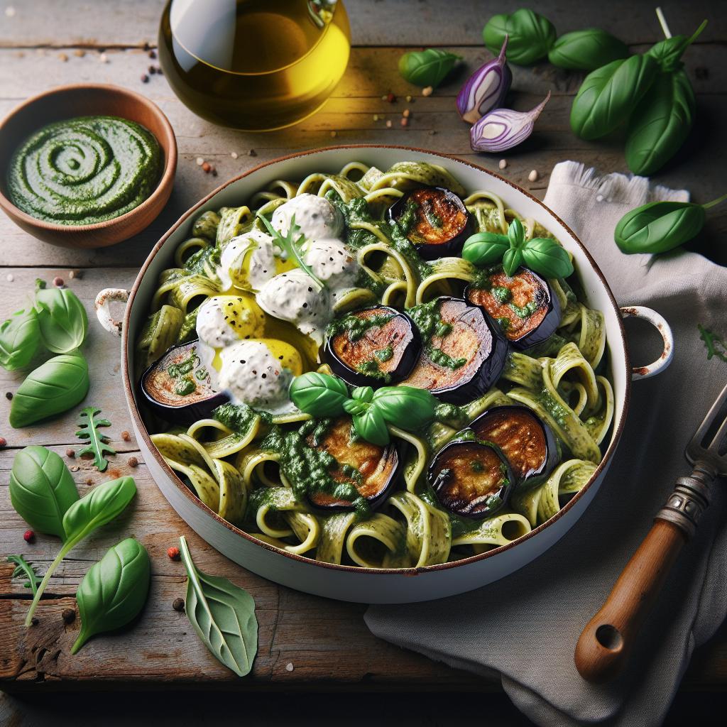 Pasta with arugula pesto, sun-dried tomatoes in oil, and stracciatella