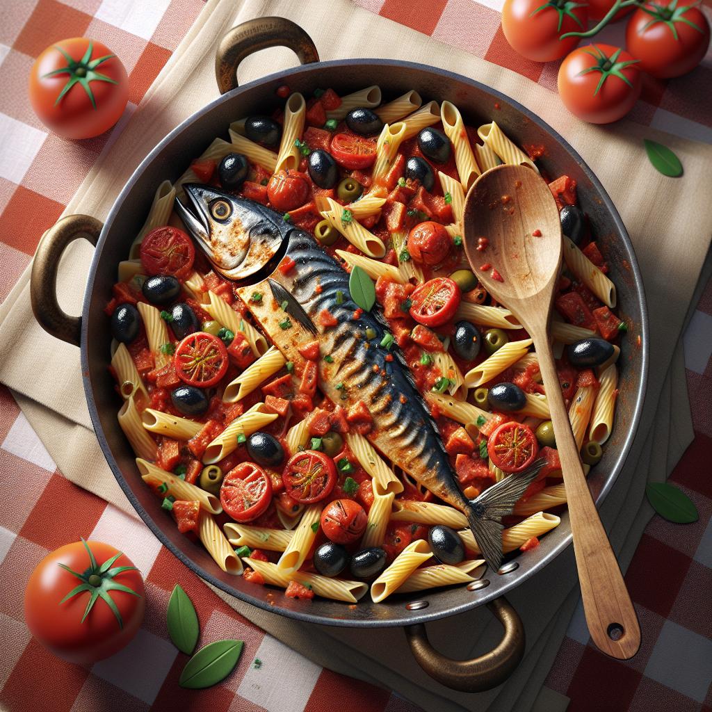 Pasta with mackerel, olives, and tomatoes