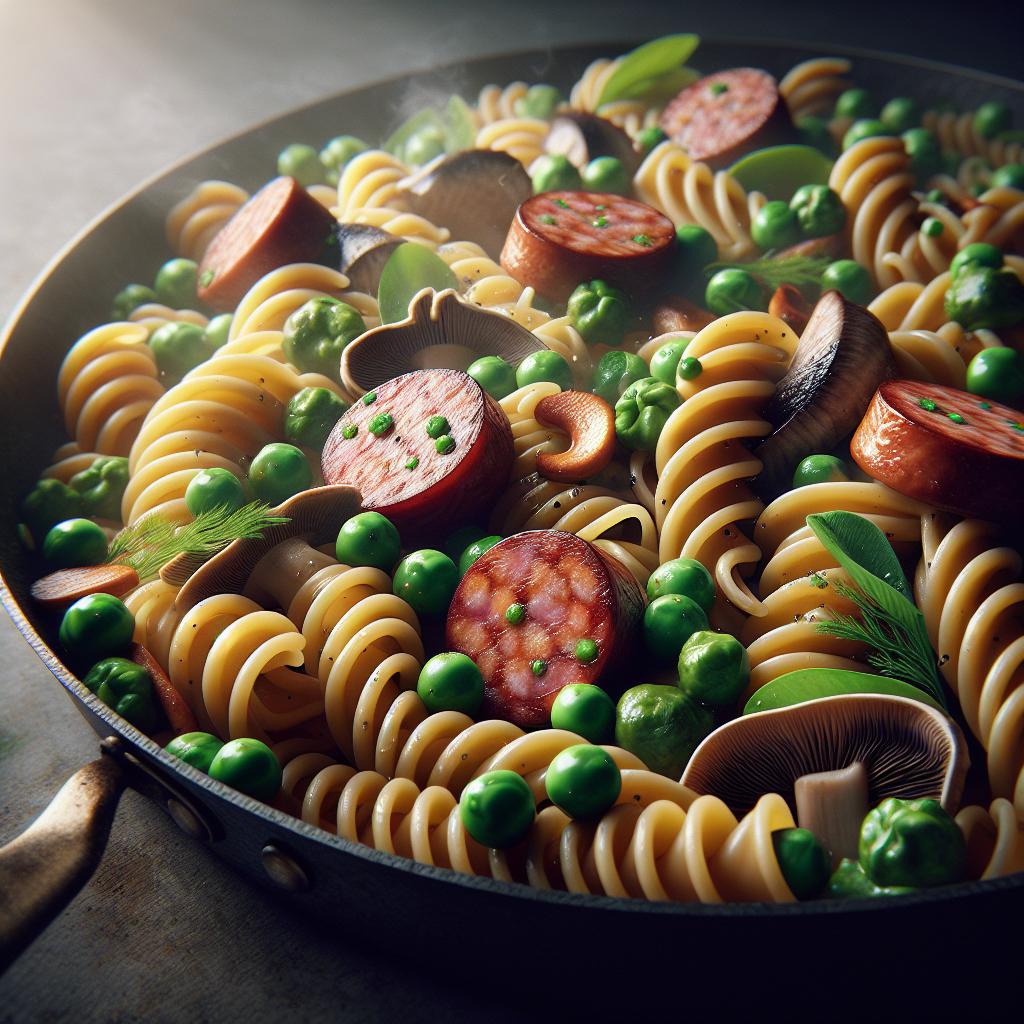 Pasta with Sausage, Peas and Mushrooms