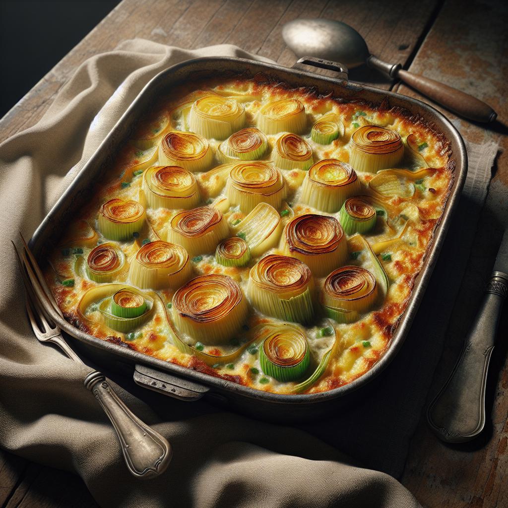 Potatoes au gratin with cream and leeks
