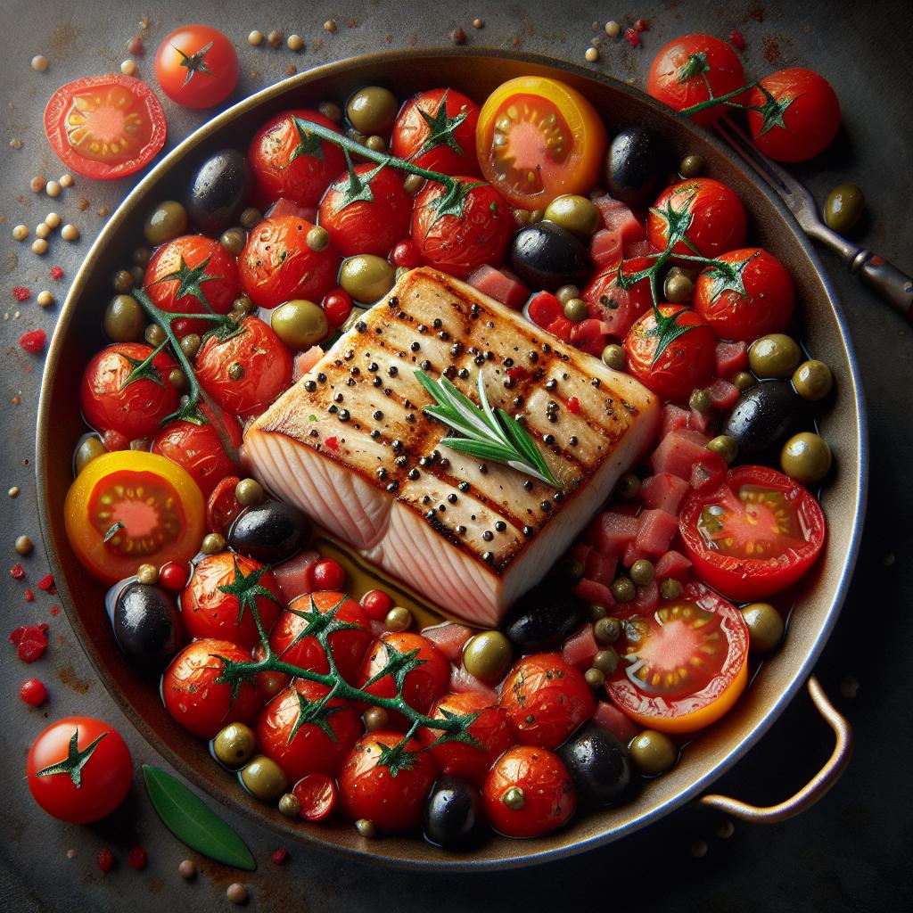 Swordfish with cherry tomatoes, capers, and olives