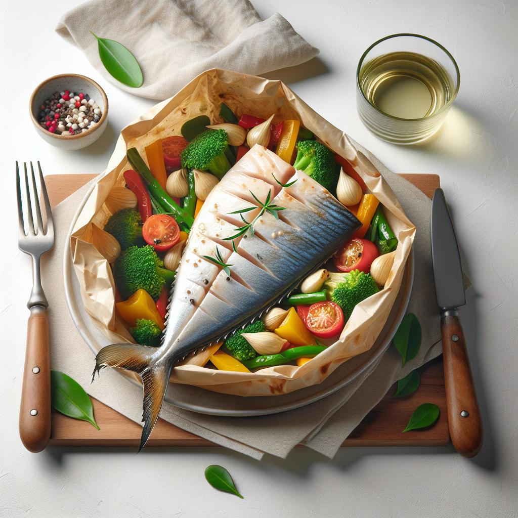 Swordfish baked in parchment with vegetables