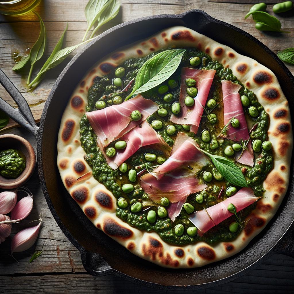 Piadina with cured ham, broad bean pesto and endive