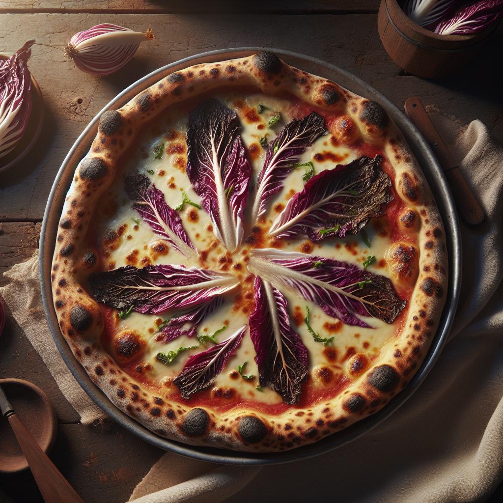 Rustic pizza filled with stracchino cheese and radicchio