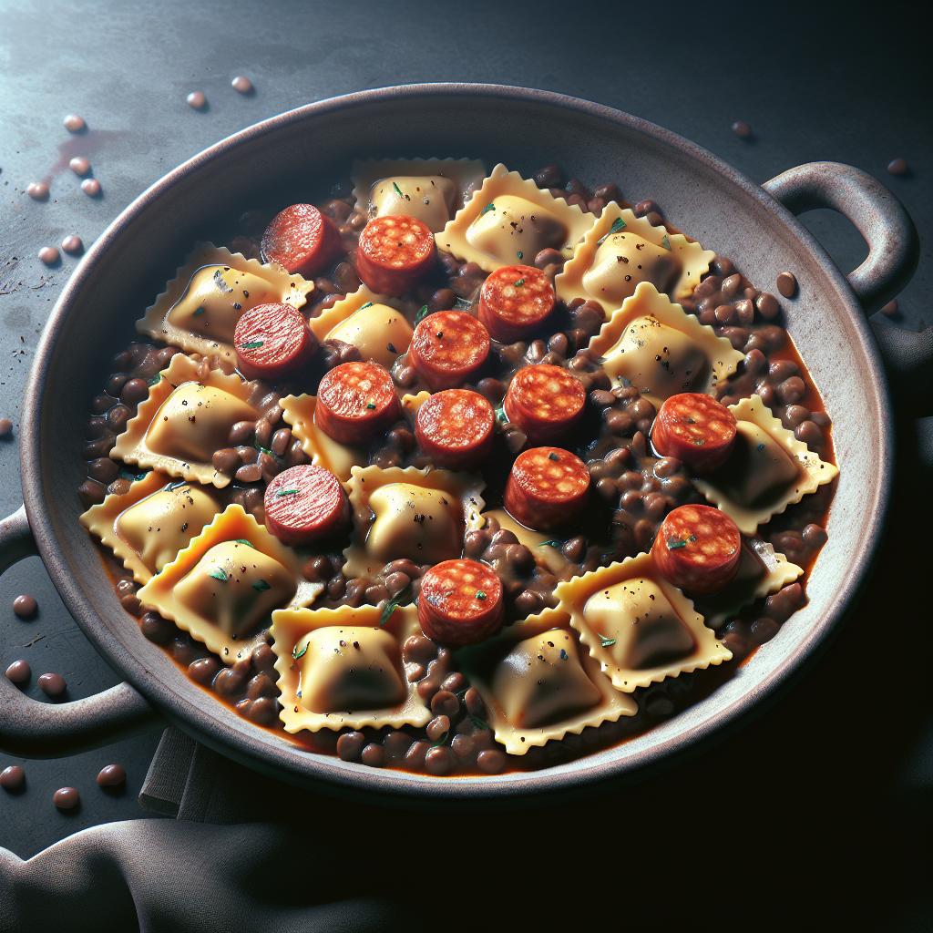 Ravioli with cotechino in lentil sauce