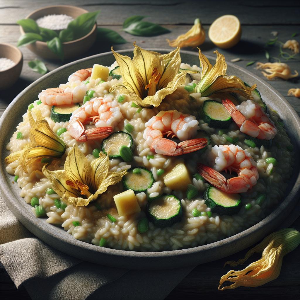 Risotto con gamberi zucchine e fiori di zucca