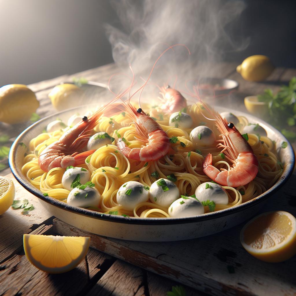 Scialatielli with lemon, buffalo mozzarella, and prawns
