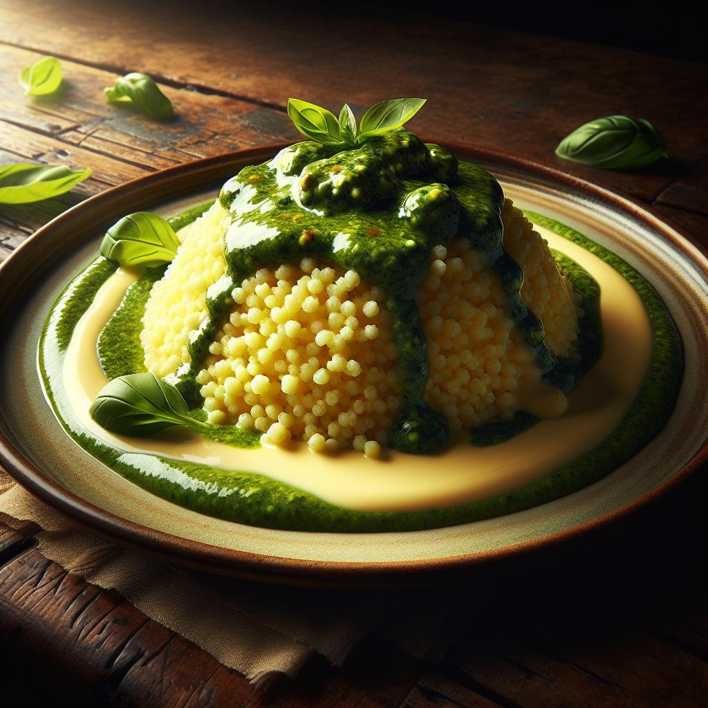 Couscous flan with pesto and taleggio sauce