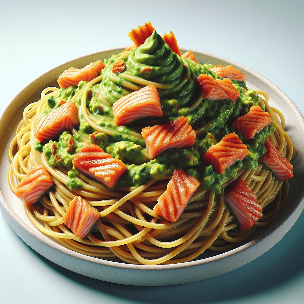 Spaghetti with Guacamole and Crispy Salmon