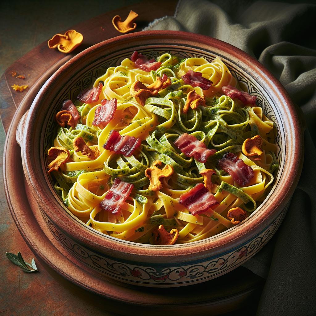 Hay and straw tagliatelle with chanterelle and speck ragù