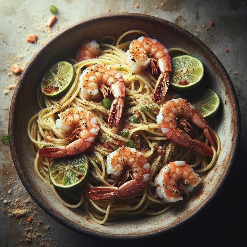 Spaghetti with Prawns, Lime, and Almond Nibs