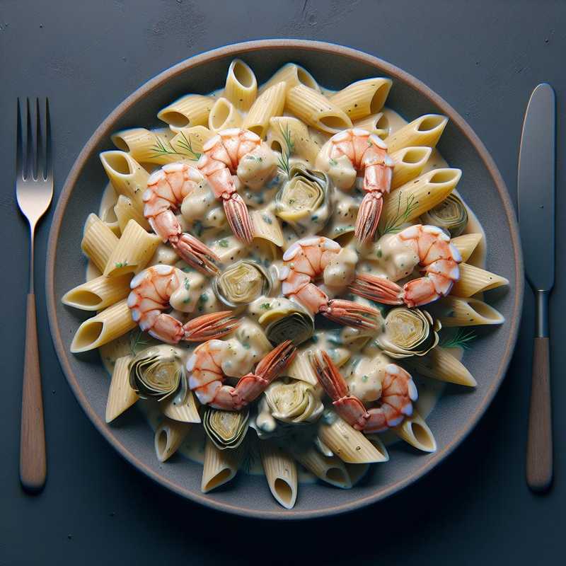 Mezze maniche con crema di carciofi e scampi