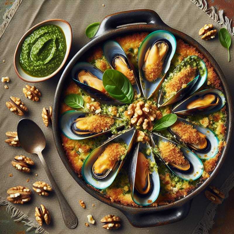 Oven-Gratined Mussels with Walnut Pesto