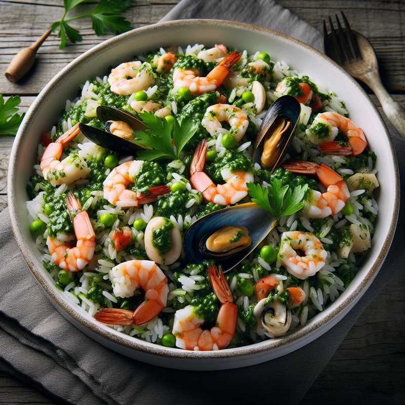 Insalata di riso con pesto di prezzemolo e frutti di mare