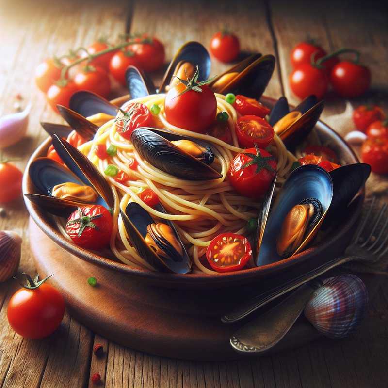 Spaghetti with mussels and cherry tomatoes