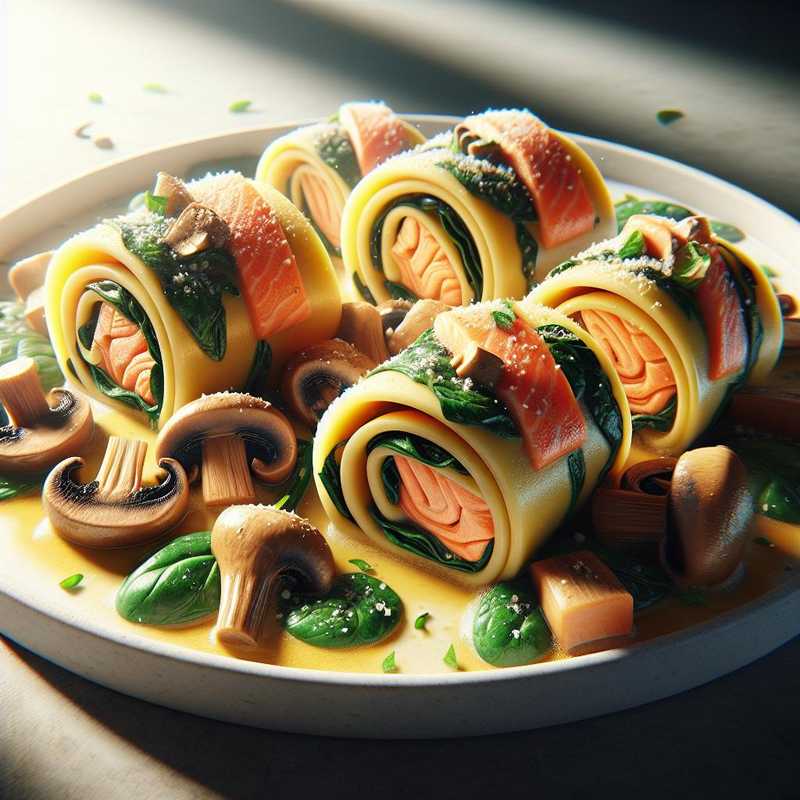 Rotolo al salmone funghi e spinaci saltati