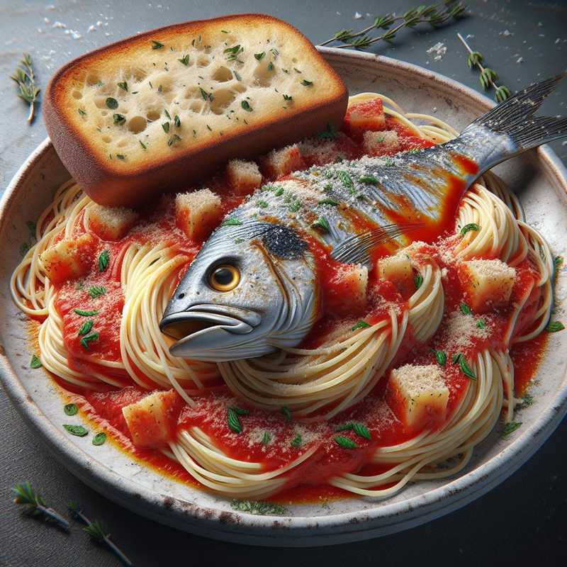 Spaghetti in sauce with cod and herb bread