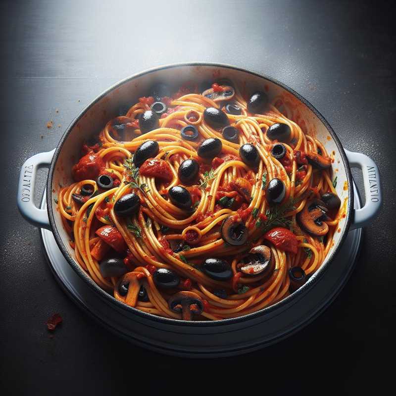 Spicy Spaghetti with Mushrooms and Black Olives