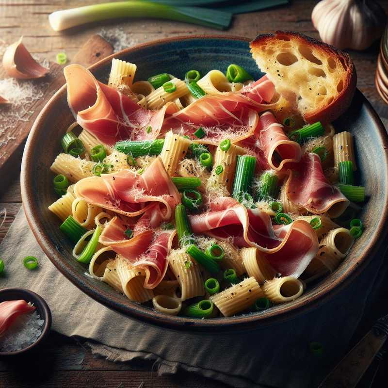 Pasta con porri e prosciutto