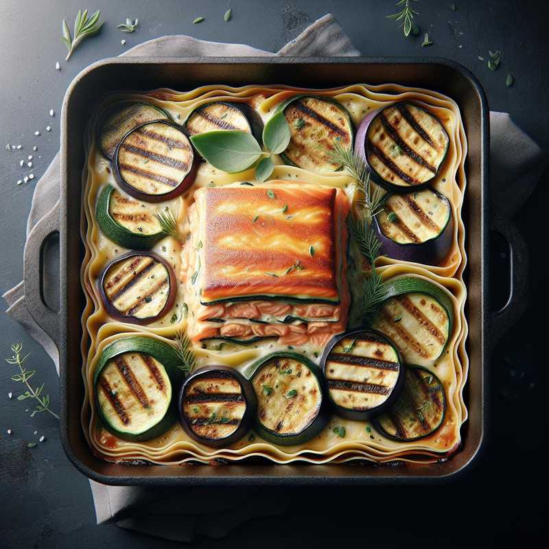 Lasagnetta aperta al salmone, zucchine e melanzane grigliate