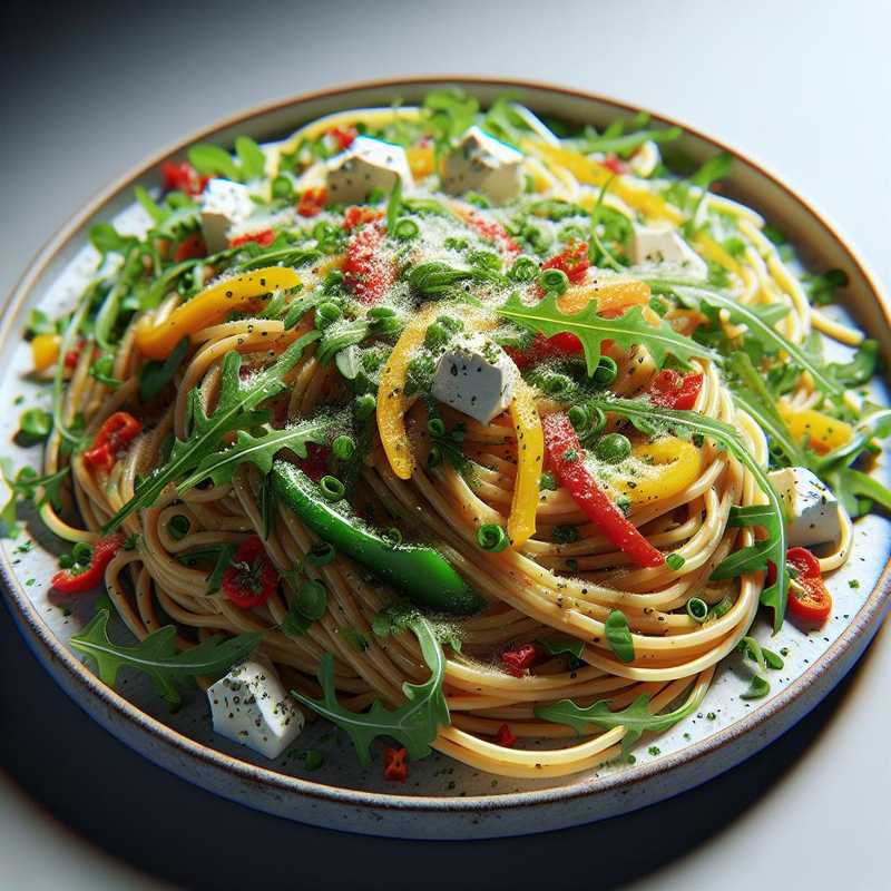 Spaghetti with Arugula, Bell Peppers, and Stracciatella