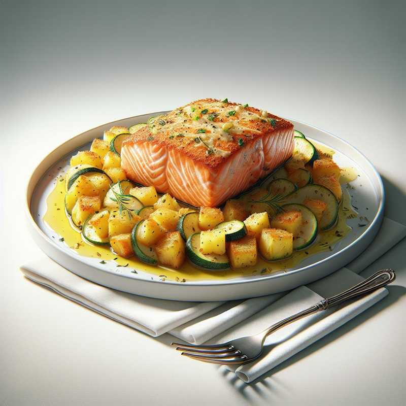 Trancio di salmone in crosta di patate e zucchine