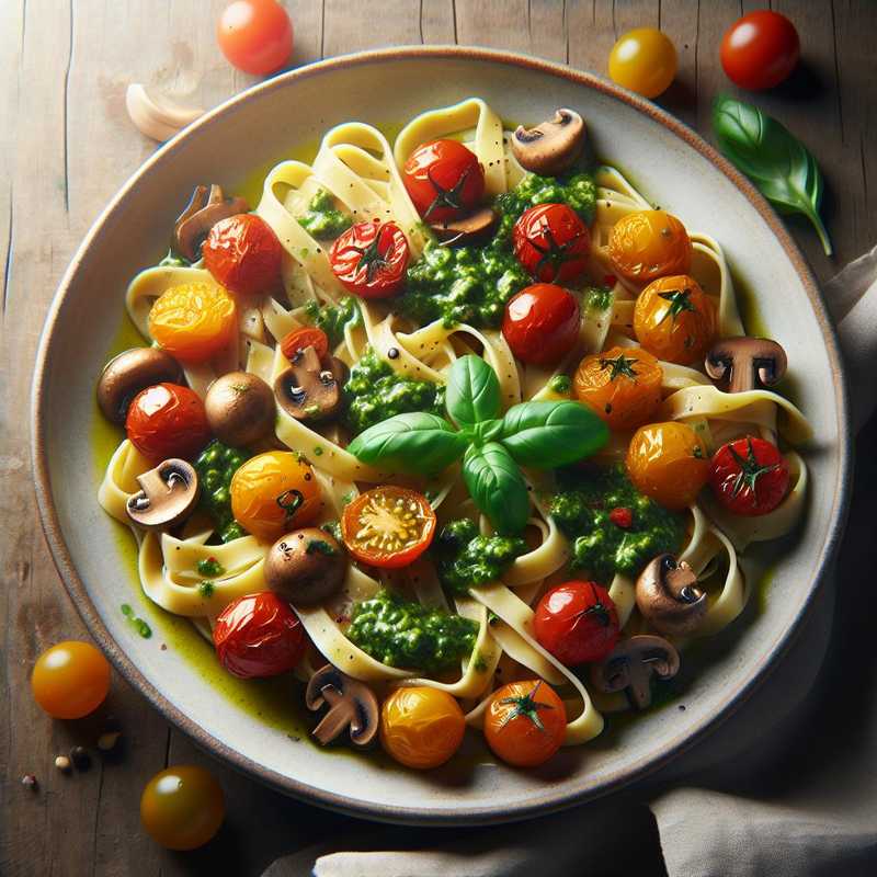 Tagliatelle con pomodorini confit, chiodini e pesto