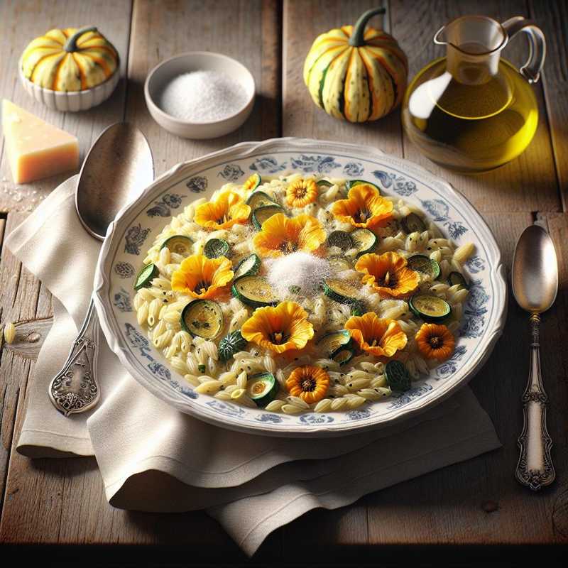 Orzotto with cream and zucchini flowers