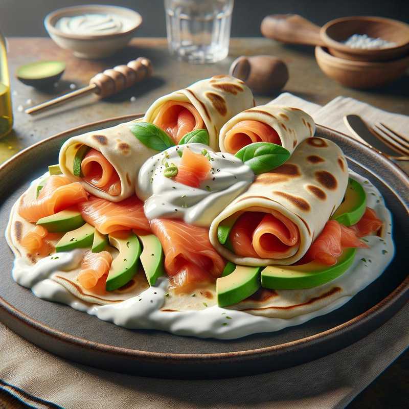 Rotolini di piadina con salmone, avocado e crema allo yogurt